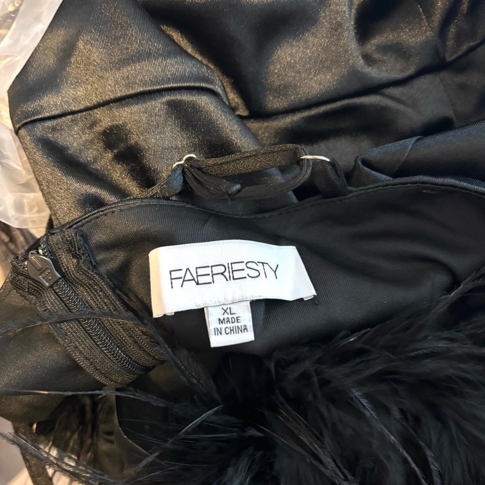 NEW Black Satin Dress with Feathers, Black Dress, Prom Dress, NWOT, Size XL - Picture 5 of 7